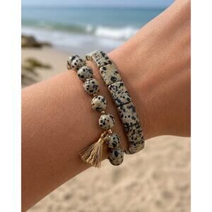 Dalmatian Jasper Bracelet Set | Beaded Stretch Bracelets w/ Tassel